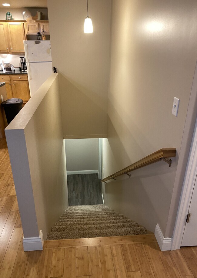 Stairwell to 1/2 finished basement with bedroom/recreation room and full bathroom. - 109 Scenic Dr