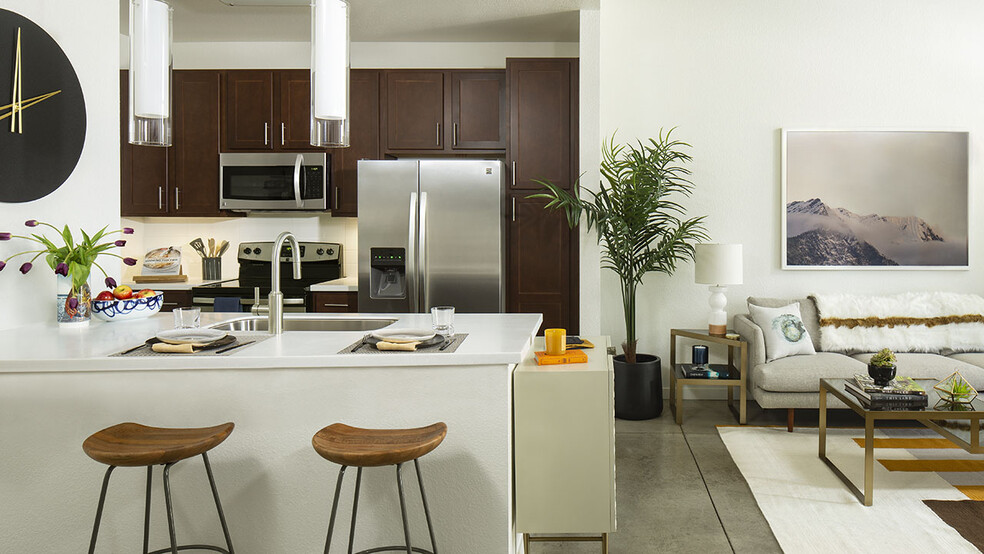 Gourmet Kitchen with Stainless Steel Appliances and Living Room with polished concrete floors.. - Griffis Union Station