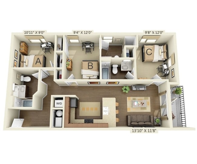 Three Bedroom East - 75 Armory | Student Housing