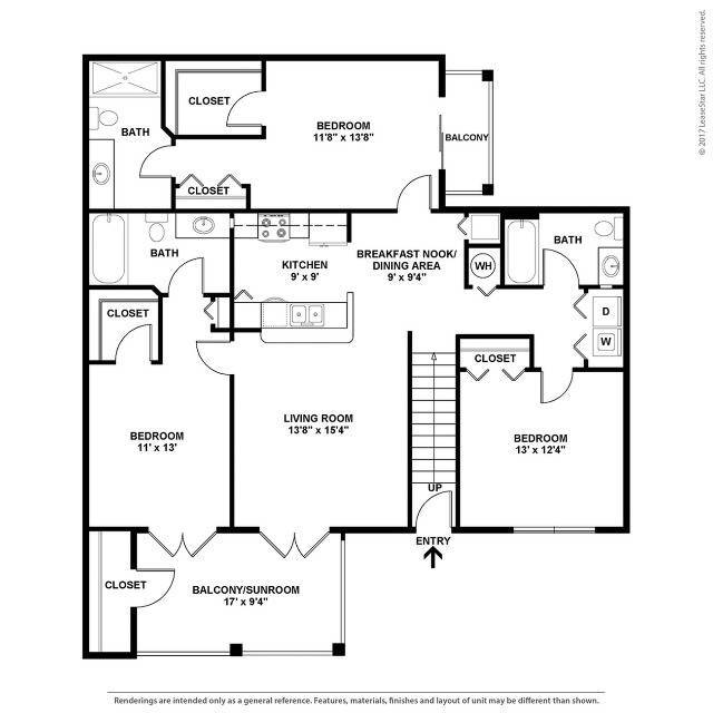 Tortuga - 3B2B - 1480 SF - Hemingway - 2D Floorplan - Tortuga Bay at Waterford Lakes