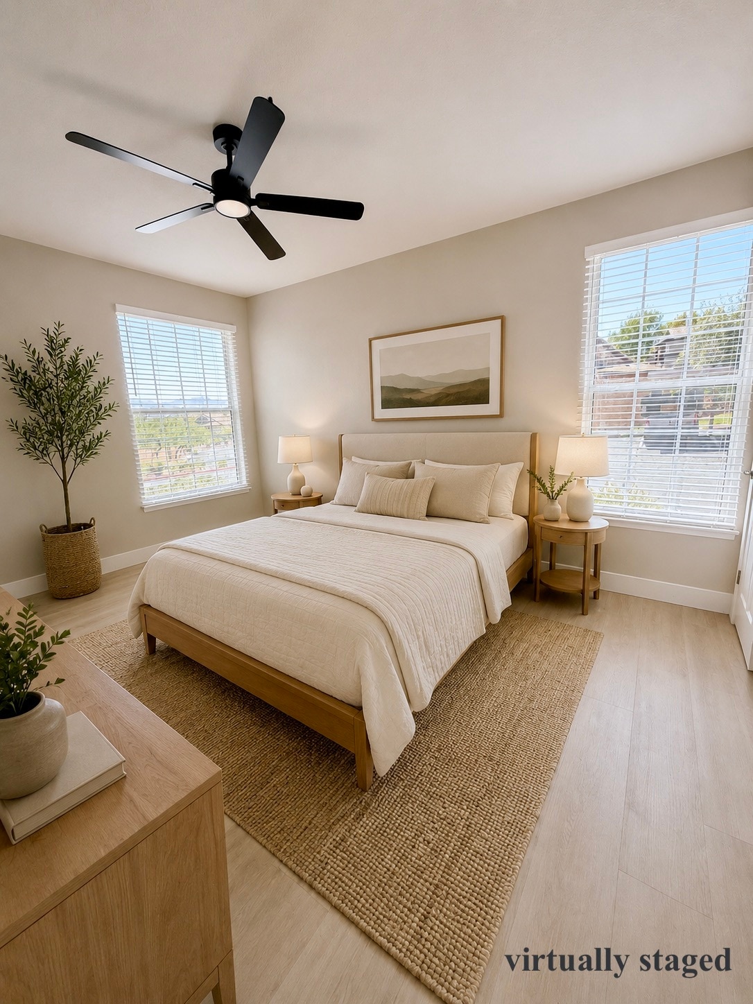 master bedroom with new blinds, flooring and ceiling fan - 231 W Horizon Ridge Pky