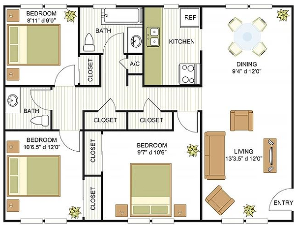 3 BED / 1.5 BATH / 1021 SQFT - Circle @ 1800