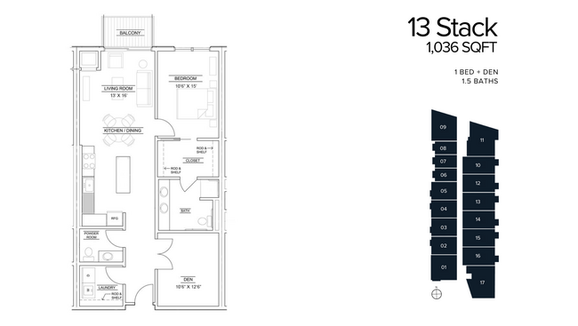 1 Bed + Den, 1,036 SQFT - The Quentin