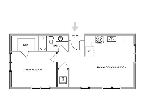 2D Floor Plan Rendering - One-Bedroom, One-Bathroom | Option 2 - Breeze Hill