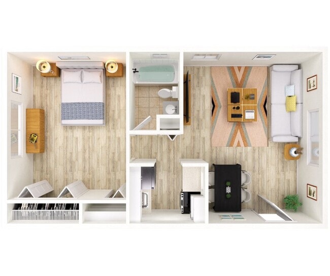 Elegant 1-bedroom apartment floor plan featuring a modern open-concept living room, a cozy dining area, and a sleek kitchen. Includes a stylish bathroom and spacious closet, complemented by natural wood flooring. - Riverside at South Daytona