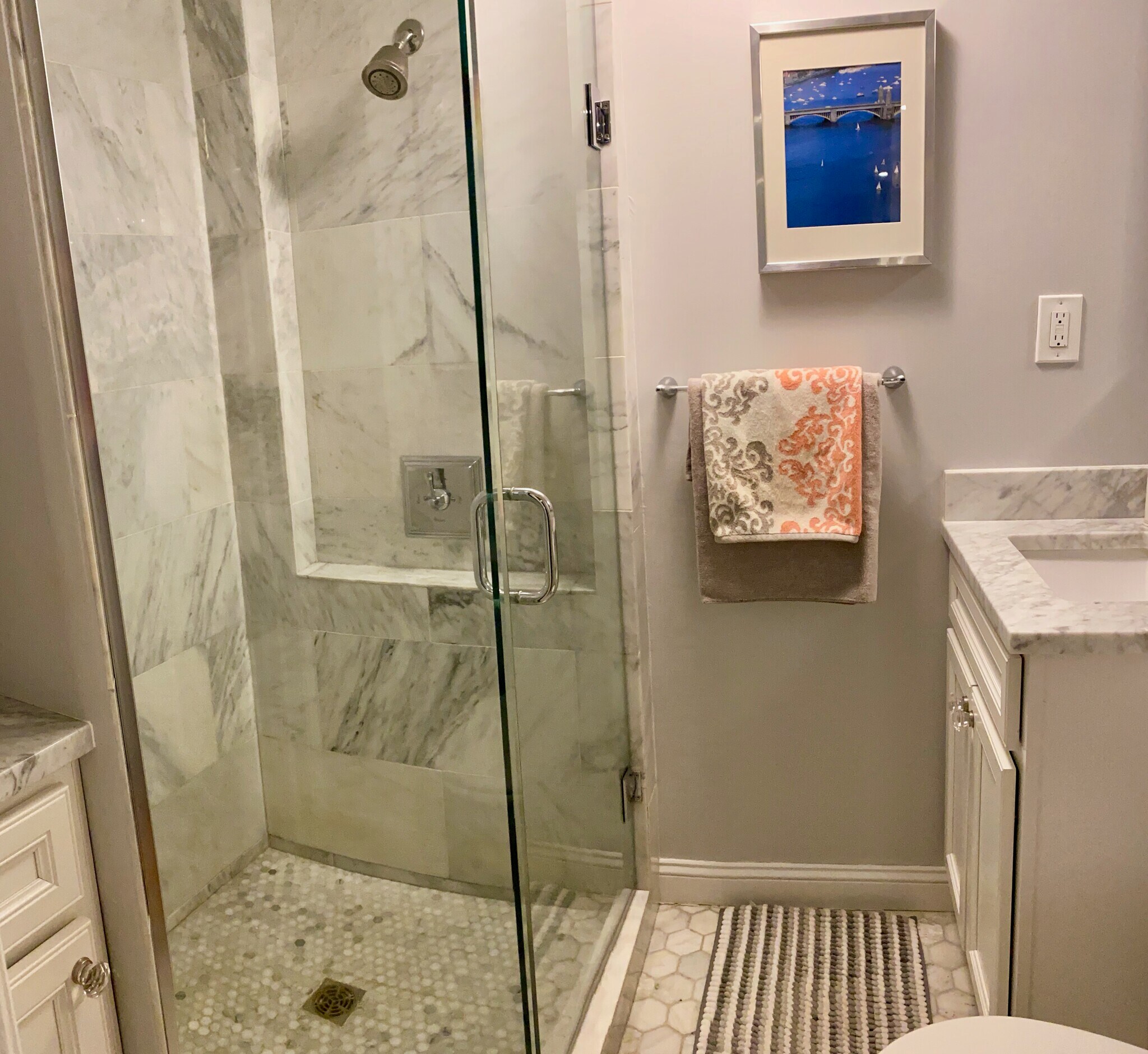 Carrara marble bathroom, renovated in 2017 - 290 Commonwealth Ave