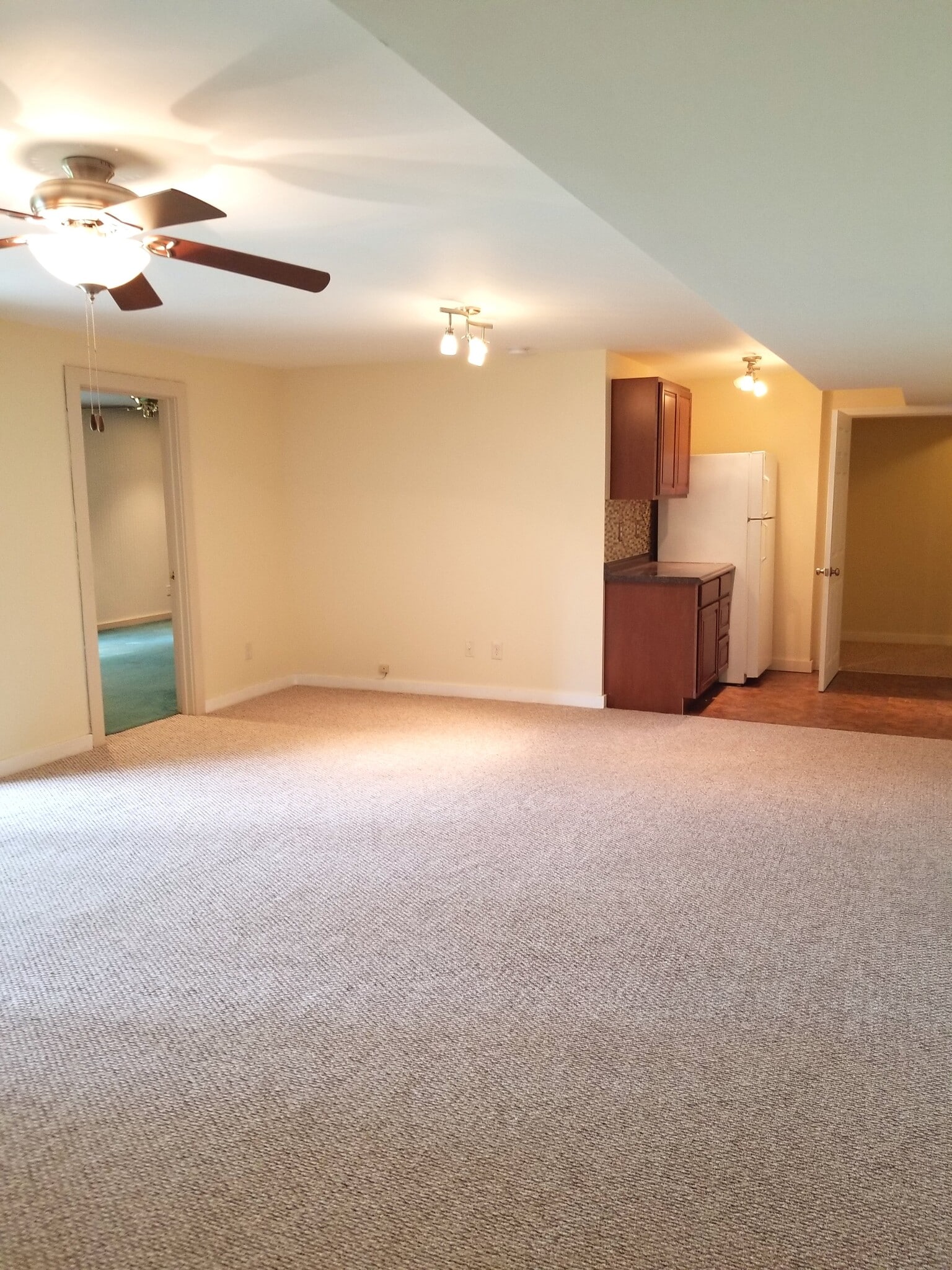 Basement Living Room - view towards stairway landing (refridgerator and cabinet included) - 3023 University Dr