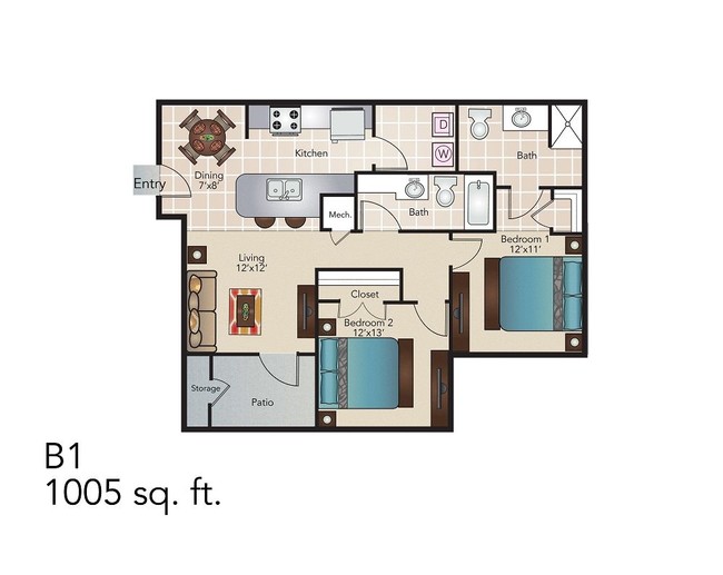 2 Bedroom / 2 Bath / 1005 Sq.Ft. - Kenedy Heights