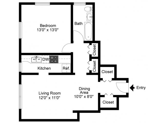 One bedroom floor plan - Gilpin Place Apartments