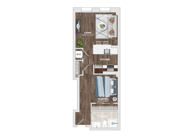 Explore this efficient and stylish studio apartment layout. - The Harriet Apartments