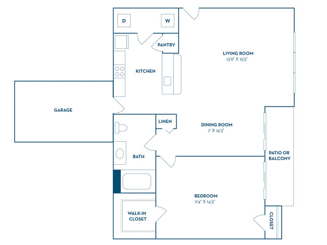 1 Bedroom | 1 Bath | 722 SF | Garage Available - The Delano at North Richland Hills Apartments