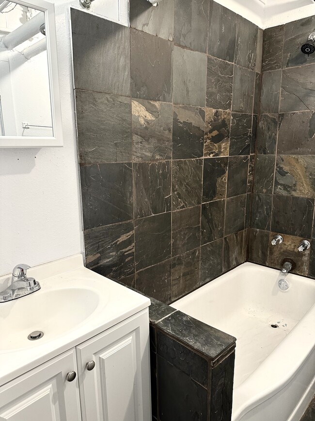 Experience luxury with this elegantly designed bathroom, featuring bold stone tiles and a sleek vanity. - 1458 N Gaylord St