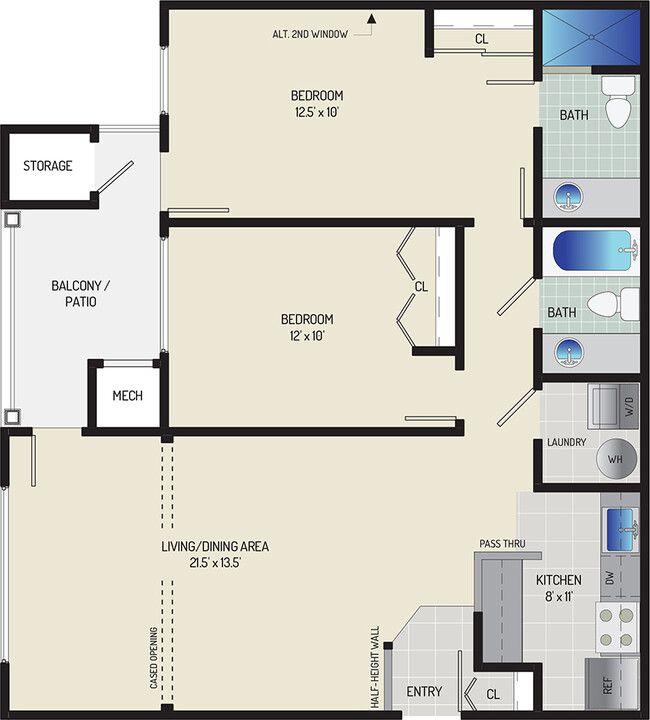 2 BR/ 2 BA (Style E1) | 950 sq. ft. - Seneca Club Apartments