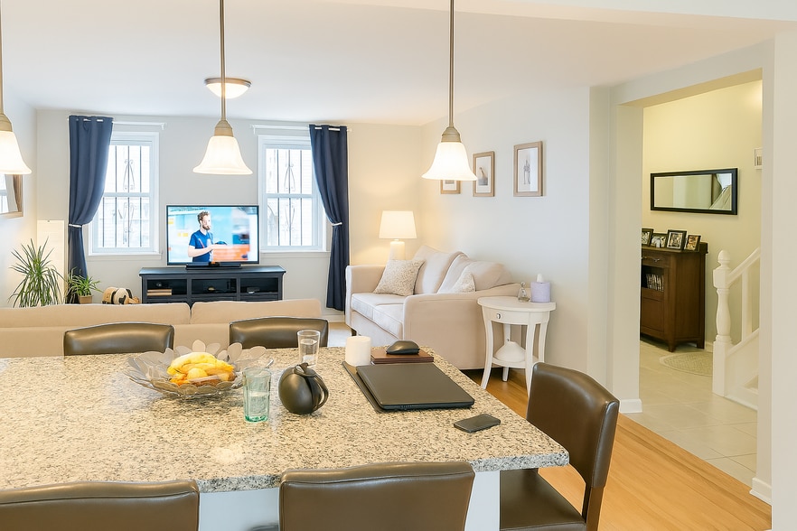 Front living room with a bright open layout directly beside the kitchen’s granite island - 56 Jefferson Ave