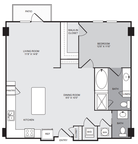 1 bedroom 1 bath apartment with kitchen island, dining area, patio, walk in closet and 972 sq ft - Cantabria at Turtle Creek closed