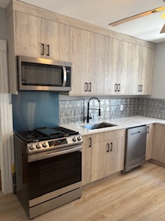 Stainless steel backsplash behind gas range - 381 Huntington Ave