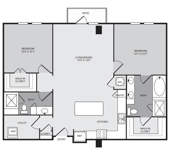 2 bedroom 2 bath apartment with kitchen island, dining area, patio, walk in closet and 1290 sq ft - Cantabria at Turtle Creek closed