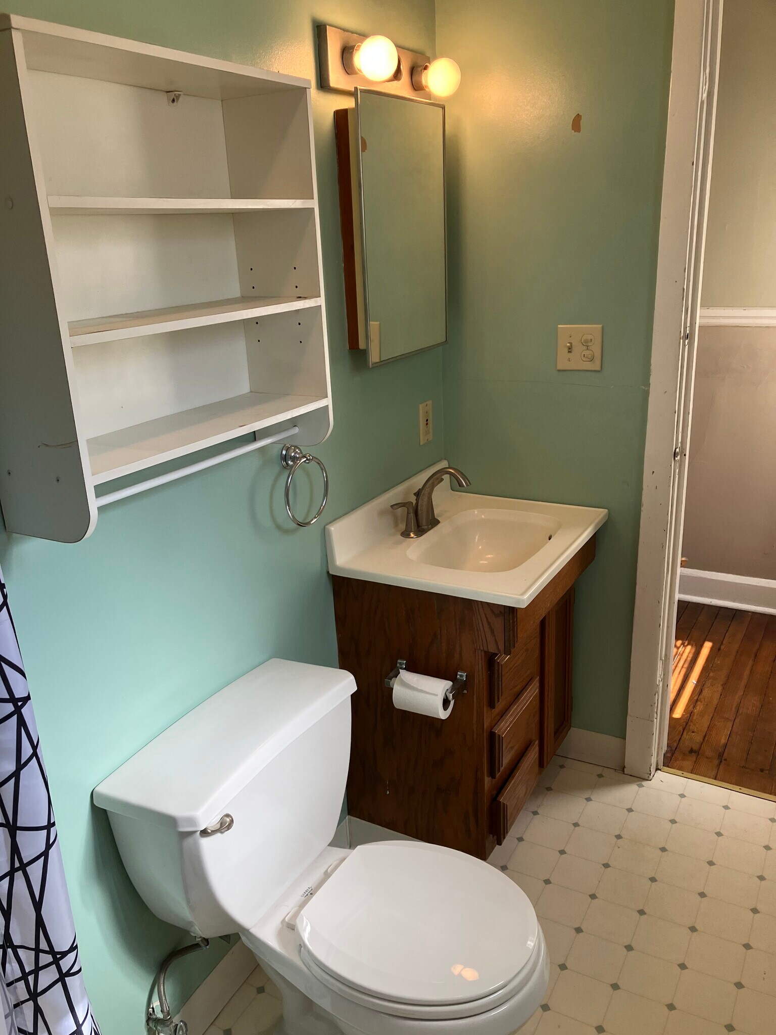bathroom toilet and vanity/sink with medicine cabinet and linen storage above toilet - 1567 Woodward Ave