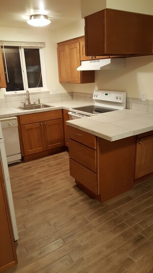 apt d kitchen includes dishwasher, disposal, oven, refrigerator, tile counter tops and floors - 1045 S Jasper St