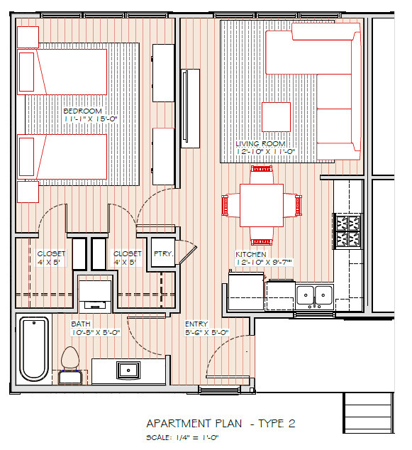 1 bed 1 bath floorplan - Huntsville Village Apartments