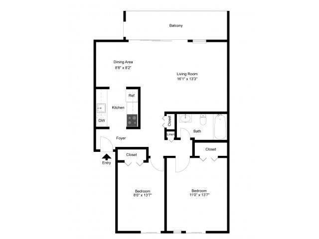 Two bedroom floor plan - Lake Club Apartments