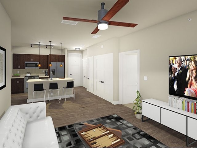 Multifamily-style living room and kitchen - Northside Apartments