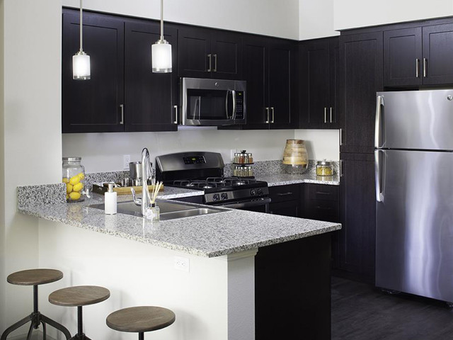 Gourmet kitchens at Skye provide all new black and silver appliances including gas range stoves. - Skye Apartments