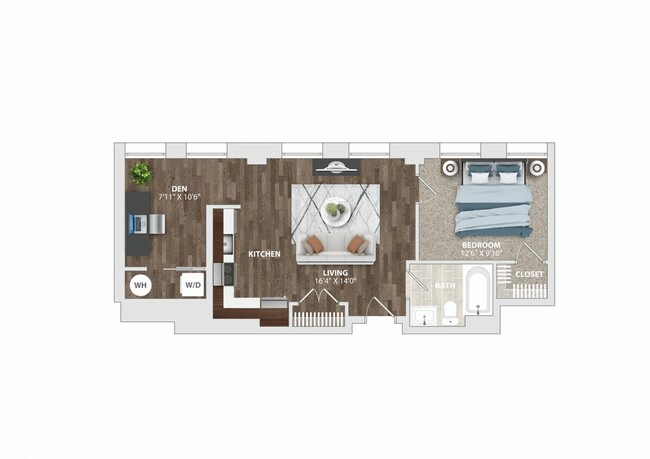 Explore effortless living in this beautifully designed apartment featuring a versatile den and a welcoming living space. - The Harriet Apartments