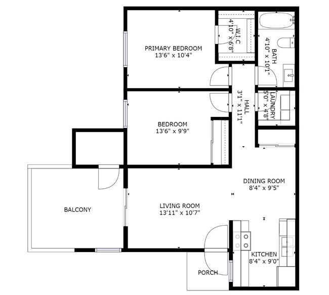 2BR/1BA Layout - The Huntley Apartments