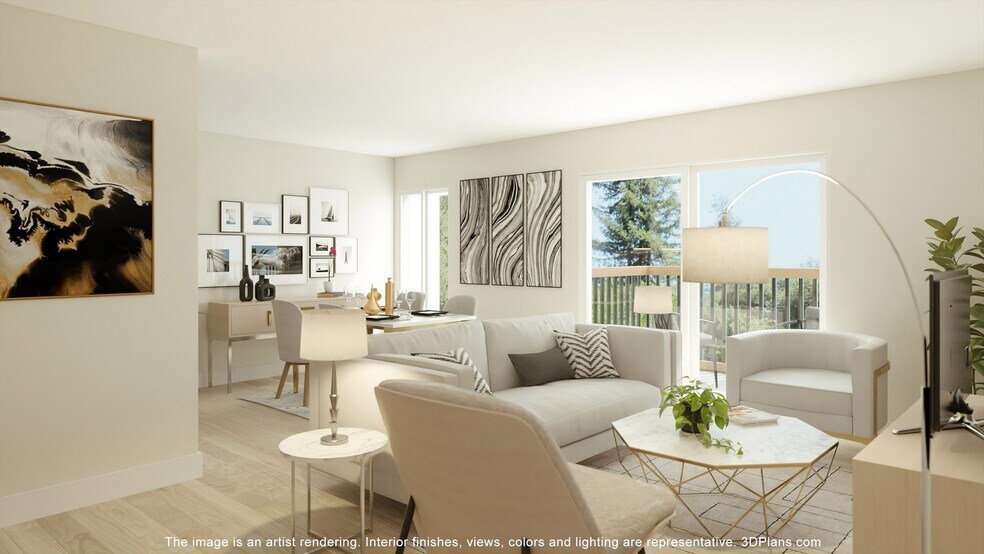 Upgraded living room with balcony at Franklin River Apartments in Southfield - Franklin River Apartments