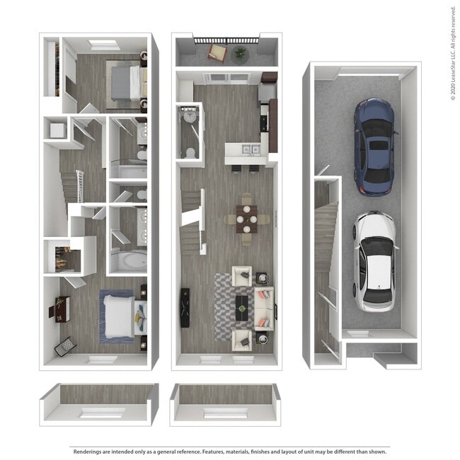 Multi-level two bedroom, two-and-a-half bath townhome. Bedrooms on the top floor with bathrooms in each bedroom for privacy. Washer and dryer included on the second floor for easy access. Attached, two-car tandem garage included. - Trio Townhomes