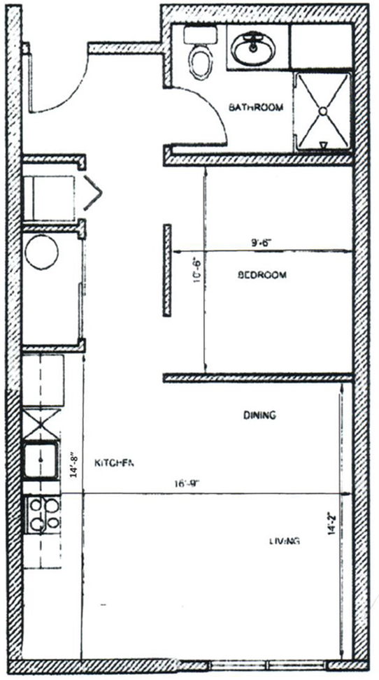 Studio B no balcony Units 214, 314, 414 - Moreland Crossing