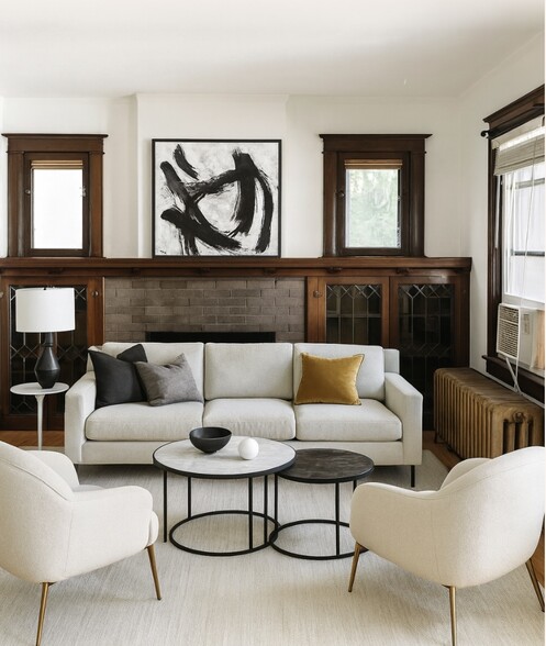 large lliving room with non working fireplace, built in cabinets, original oak floors - 25 Lenox Ave