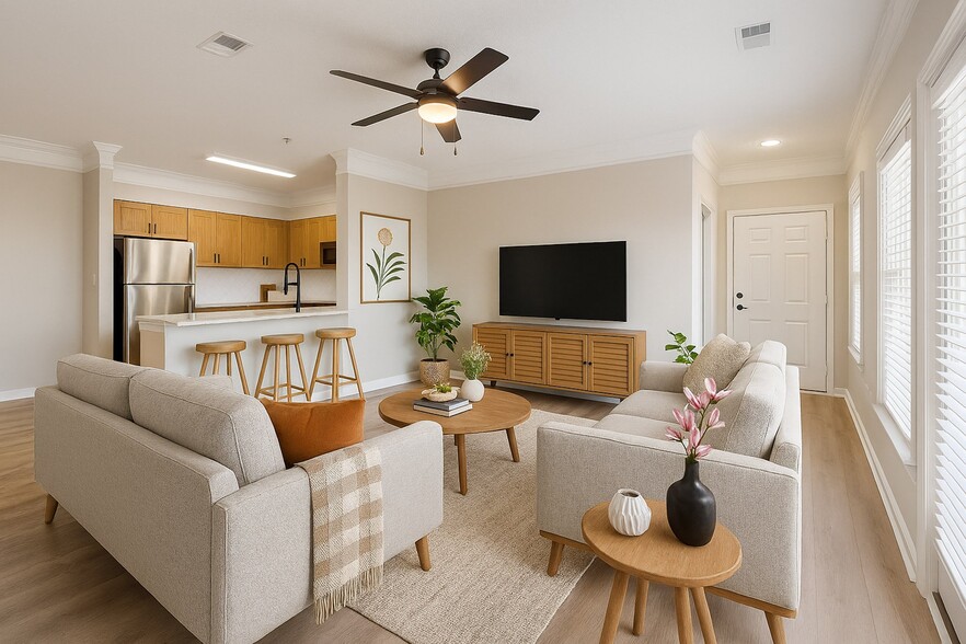 Open floorplan kitchen/living room with modern hardwood style flooring. - Preston Hills at Mill Creek Apartments