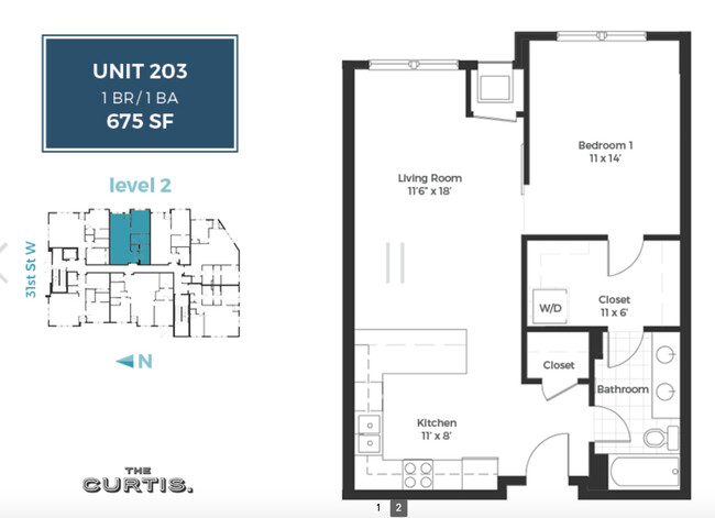 203 - 1BD, 1BA Floor Plan - The Curtis Apartments