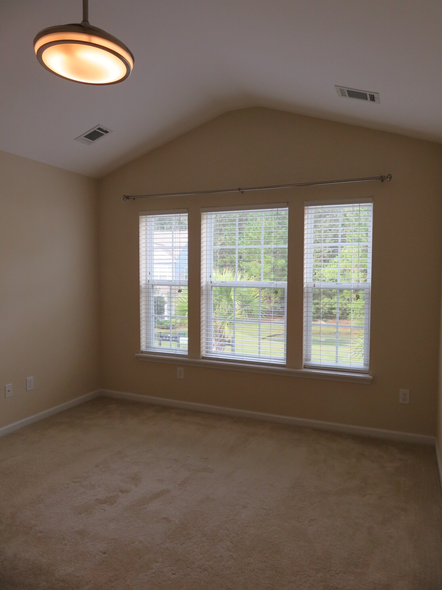 Master Bedroom w vaulted ceiling & carpet; ceiling fan w hidden blades, dimmable light. View to pond - 2496 Stadium Dr