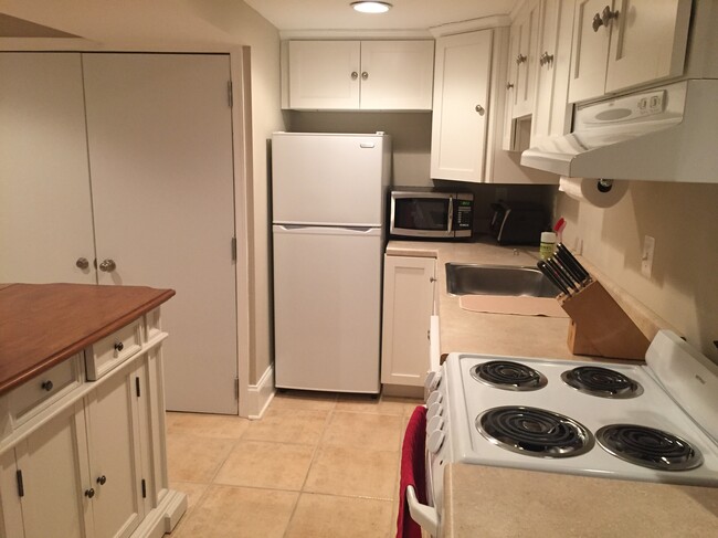 Fully furnished open kitchen with dishwasher, microwave, stove, range, island with seating for 2 and extra storage, bookshelves for extra storage, and trash/recycling bins - 43 Girard St. NE