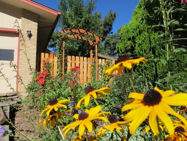 A beautiful hand made arbor and easy to open/close gate connects the front and side yards with a covered trash and recycle just inside the gate. - 28 James Circle