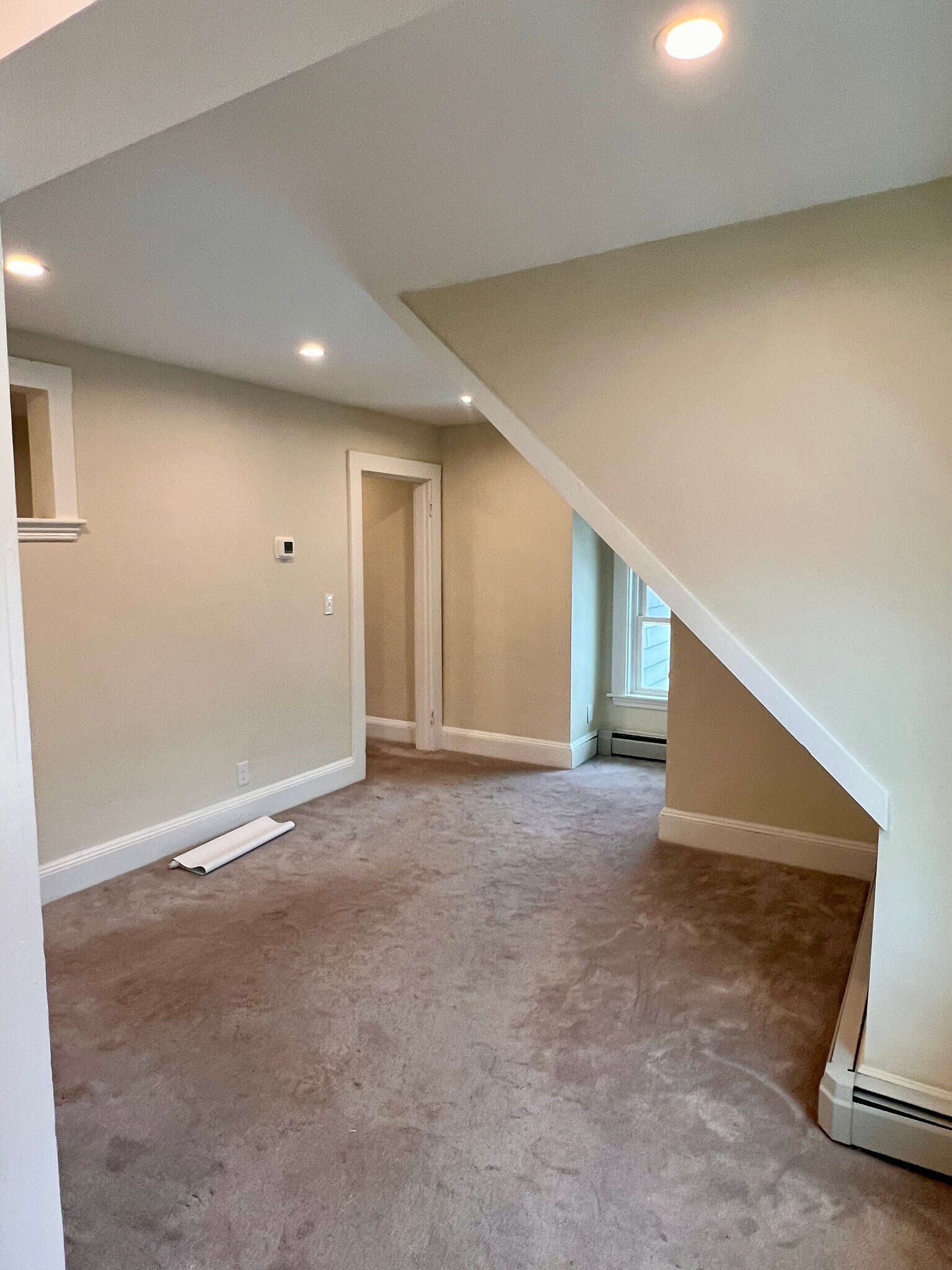 Livingroom with plush carpeting and coat closet - 19 Irving St