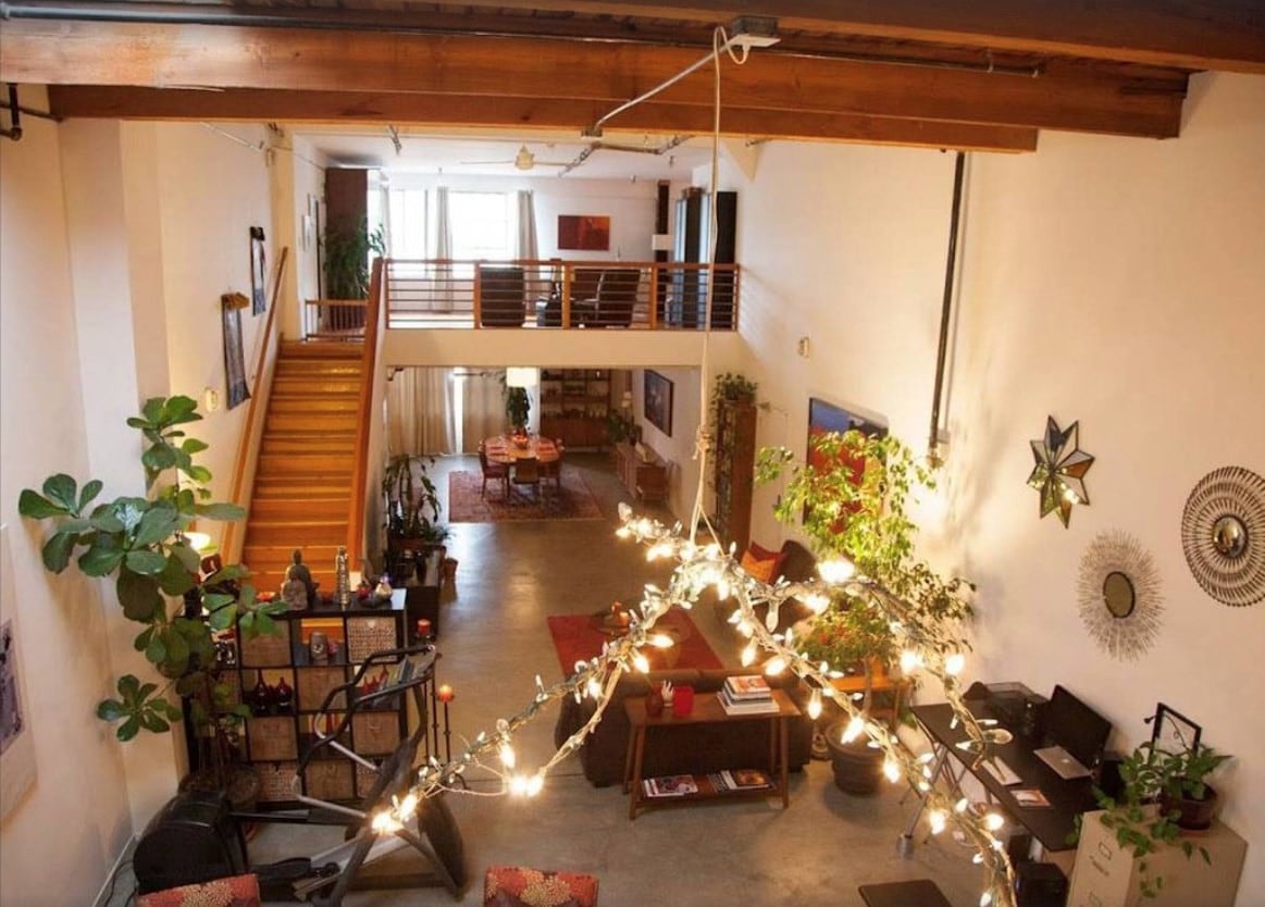 View from second loft looking out over both the downstairs and upstairs master loft areas - 1924 Union St