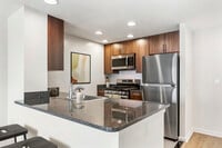 Renovated Package I kitchen with espresso cabinetry, dark speckled granite countertops, white tile backsplash, stainless steel appliances, and hard surface flooring - AVA Fort Greene