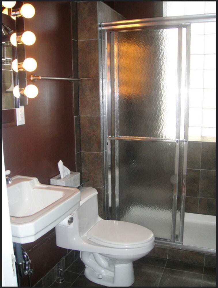 The bathroom features a medicine cabinet with makeup mirror, modern one piece toilet, and very large shower - 3284 Dawson Street