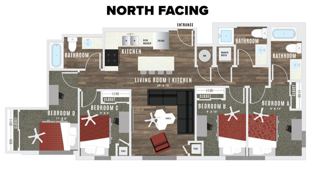 The floor plan above shows the layout of units on the north side of the building (closer to A-Mountain). Please click the arrow to see the floorplan that represents the layout on the south side of the building (closer to campus). - Atmosphere