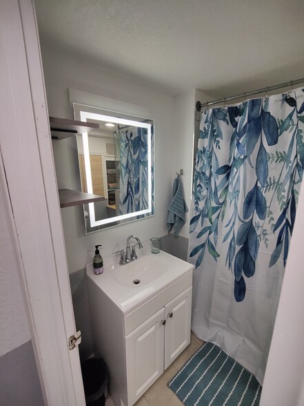 Fogless mirror and plenty of shelving in the bathroom. - 2913 Clover St