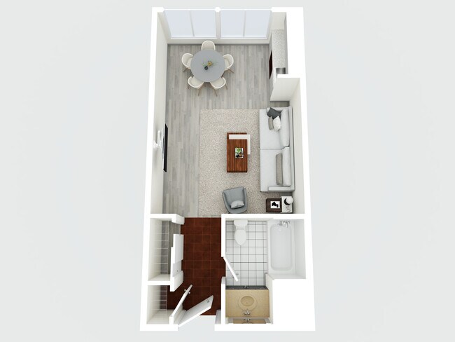 21 Rock 3D Studio Floorplan - 21 Rock Apartments- All Utilities Paid-