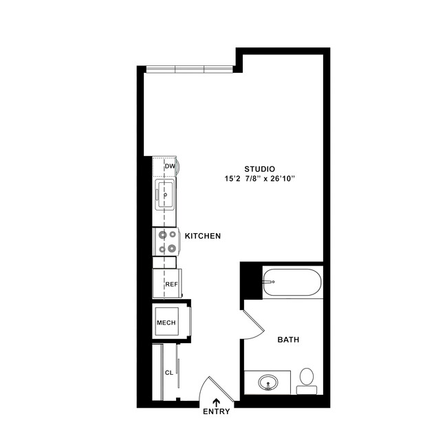 S1 - Studio Floor Plan Dimensions - 423 SF - Catalina West Adams