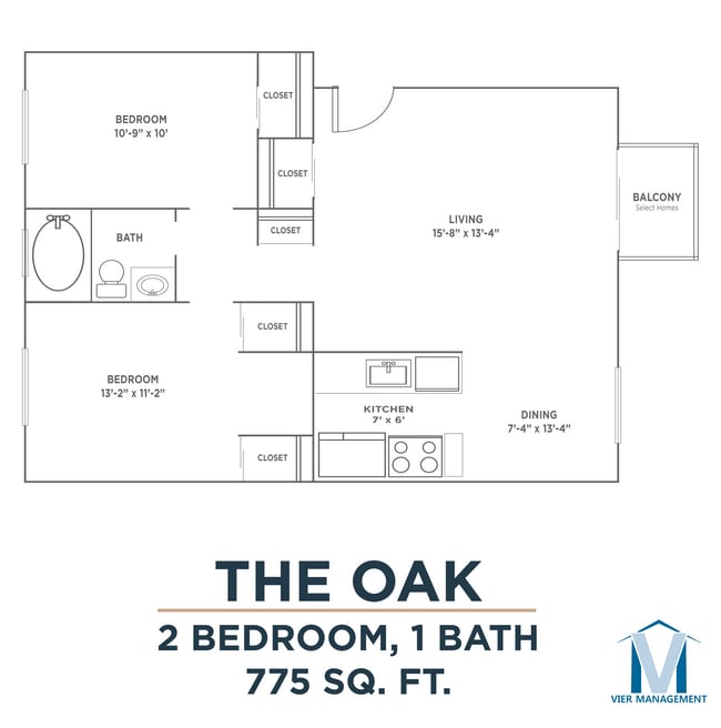 2 Bedroom Floorplan_The Oak_The Oak 2X1.png - Centennial Woods Apartments