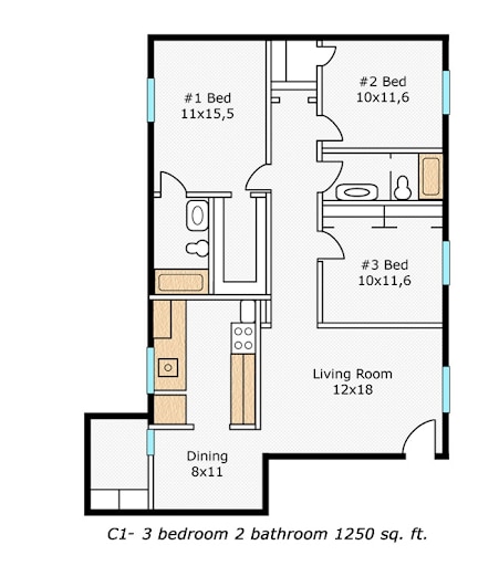 C1-U - 3 Bed, 2 Bath 1250 sqft - The Avery Apartments