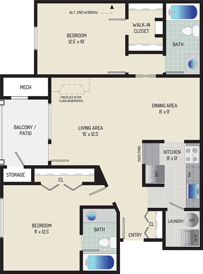 2 BR/ 2 BA (Style D1) | 910 sq. ft. - Seneca Club Apartments