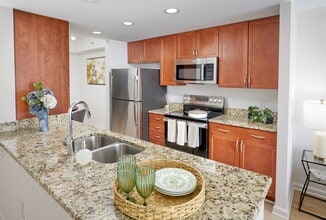 Newly Renovated Ellington Floor Plan Kitchen at Meridian at Grosvenor Station featuring sleek stainless steel appliances, modern vinyl plank wood-style flooring, and updated lighting fixtures that complement existing granite countertops and custom cabinetry. - Meridian at Grosvenor Station